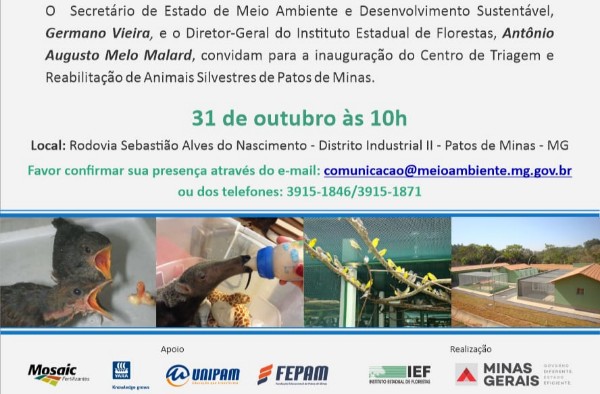 Centro de Triagem e Reabilitação de Animais Silvestres de Patos de Minas será inaugurado nesta quinta-feira